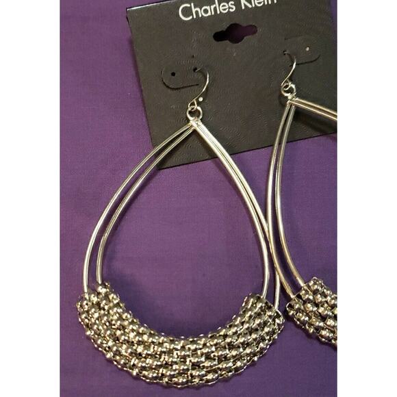 Charles Klein Large Double Teardrop Earrings Popcorn Mesh Wrap Silver Tone, NWT - Picture 3 of 9